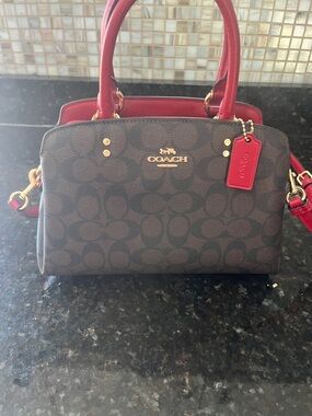 Coach Brown Signature Satchel with Red Trim and Tag